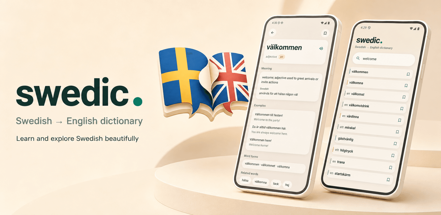 Swedic showing a search for a word and a full dictionary entry