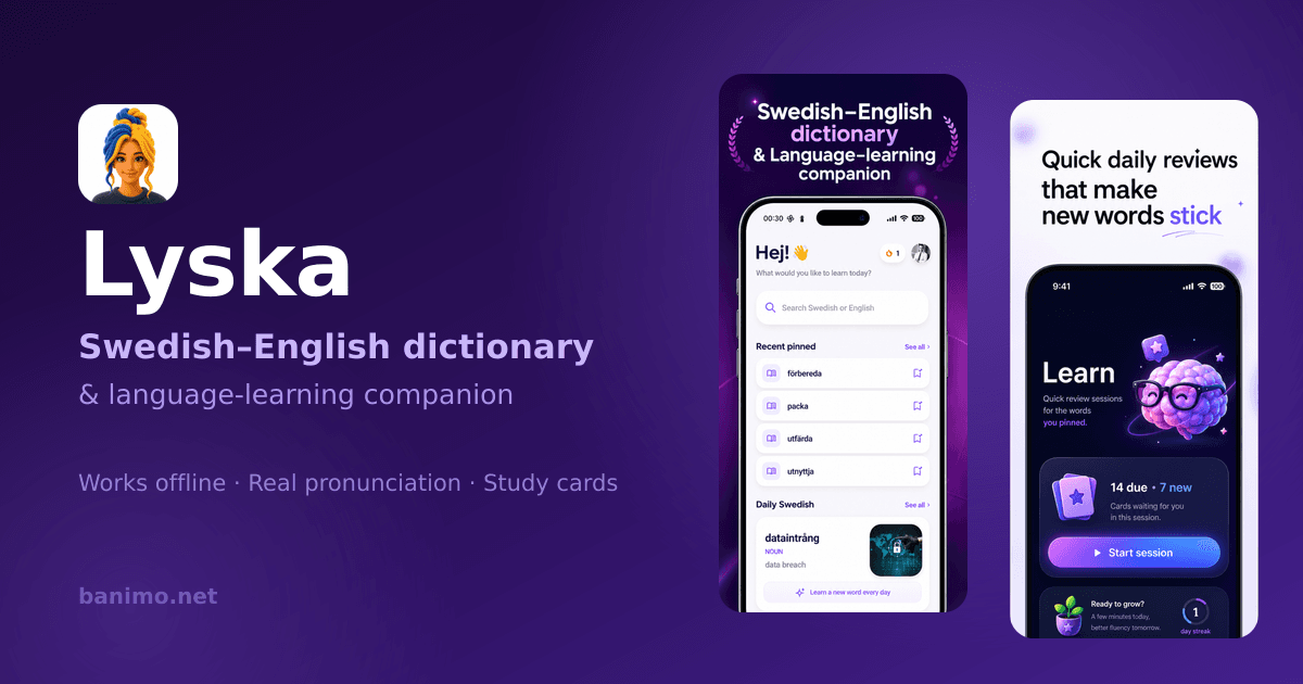 Lyska, a Swedish–English dictionary app, shown on two iPhones with search, Daily Swedish and study card review